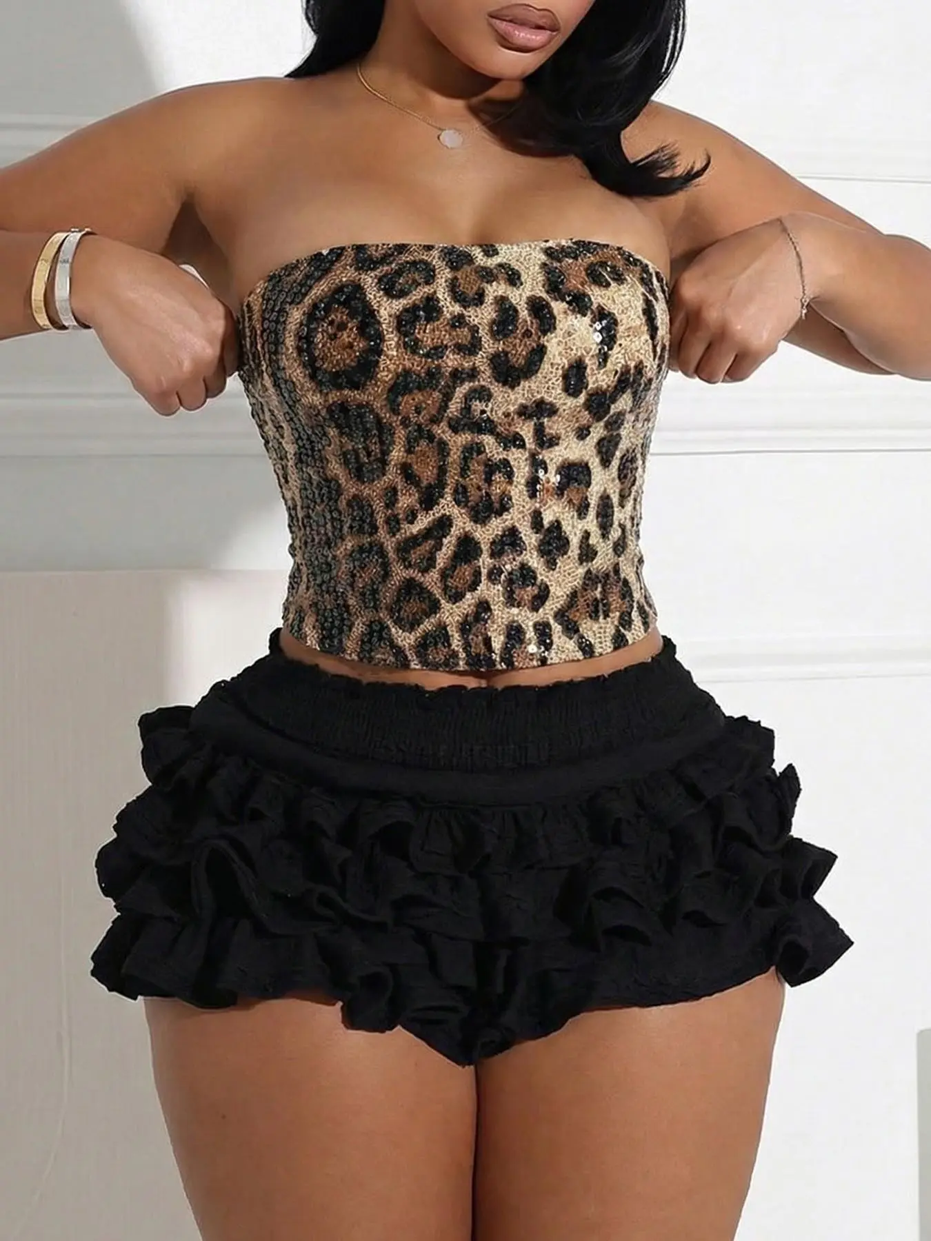 Women's Sexy Elegant Leopard Print Sequin Sleeveless Halter Top, Bandeau Tops, Y2K Fashion Street Style, Casual Chic Clothing for Daily Wear