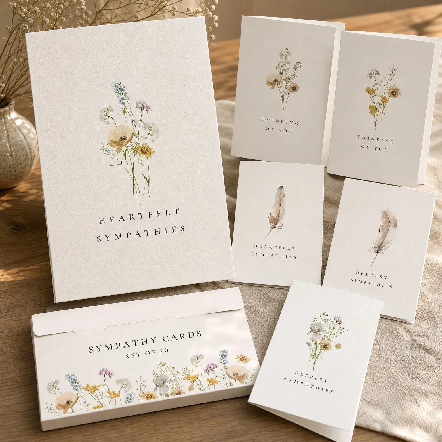 Sympathy Cards Set of 20 with Envelopes & Stickers - Floral & Feather Assortment with Heartfelt Notes, Perfect for Expressing CondolencesGift