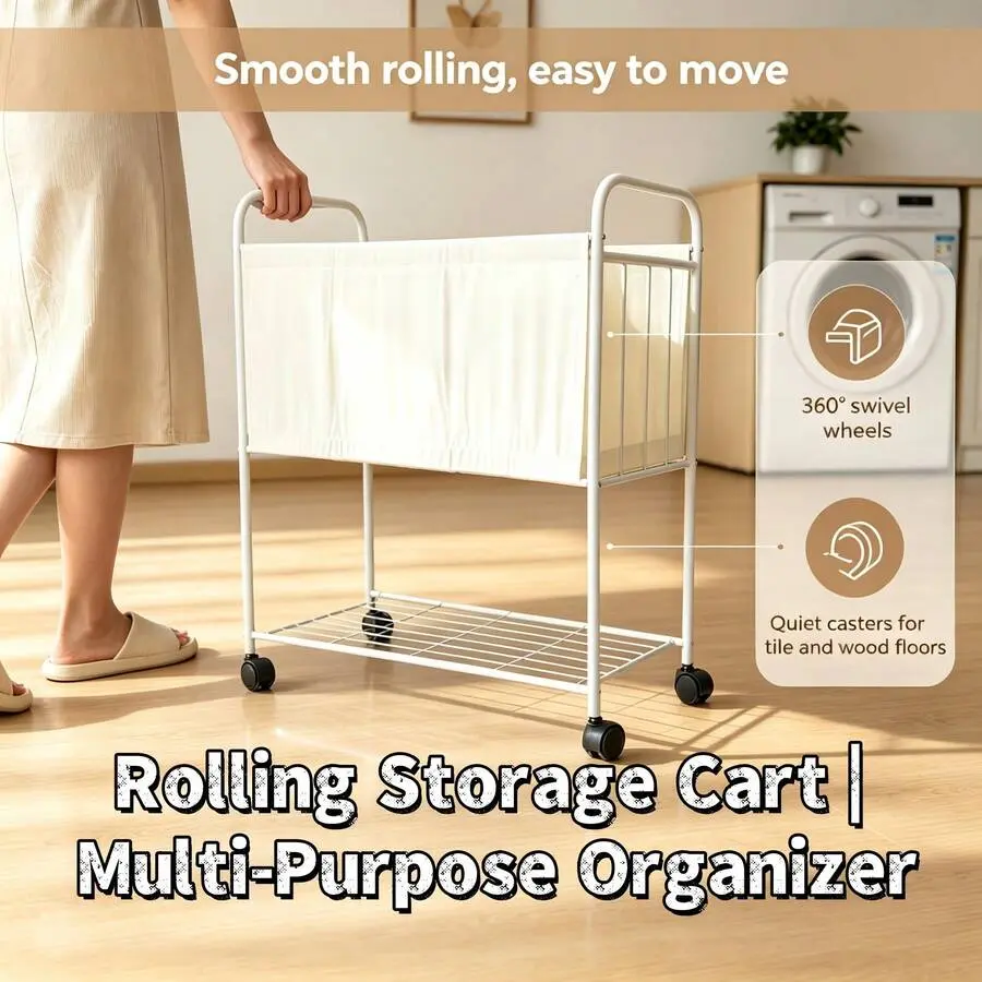 Rolling Garment Care Storage Cart With Universal Wheels, Detachable Removable Fabric Liner, Multi-Functional Laundry Hamper & Ironing Supplies Organizer Rack, Portable Mobile Storage For Bedroom, Laundry Room, Home Indoor Use