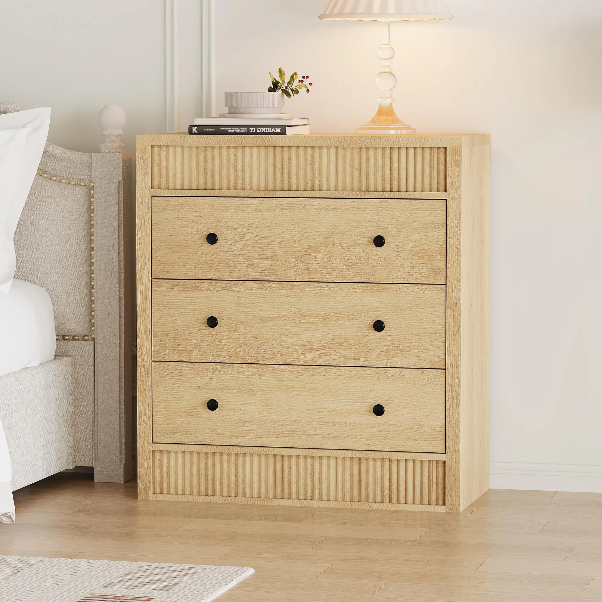 31.5" Wide Natural Oak Finish Fluted Edges Solid Oak Dresser - 3-Drawer Modern Wooden Chest with Natural Grain, Multi-Use Bedroom Cabinet for Kids Room, Sturdy Base