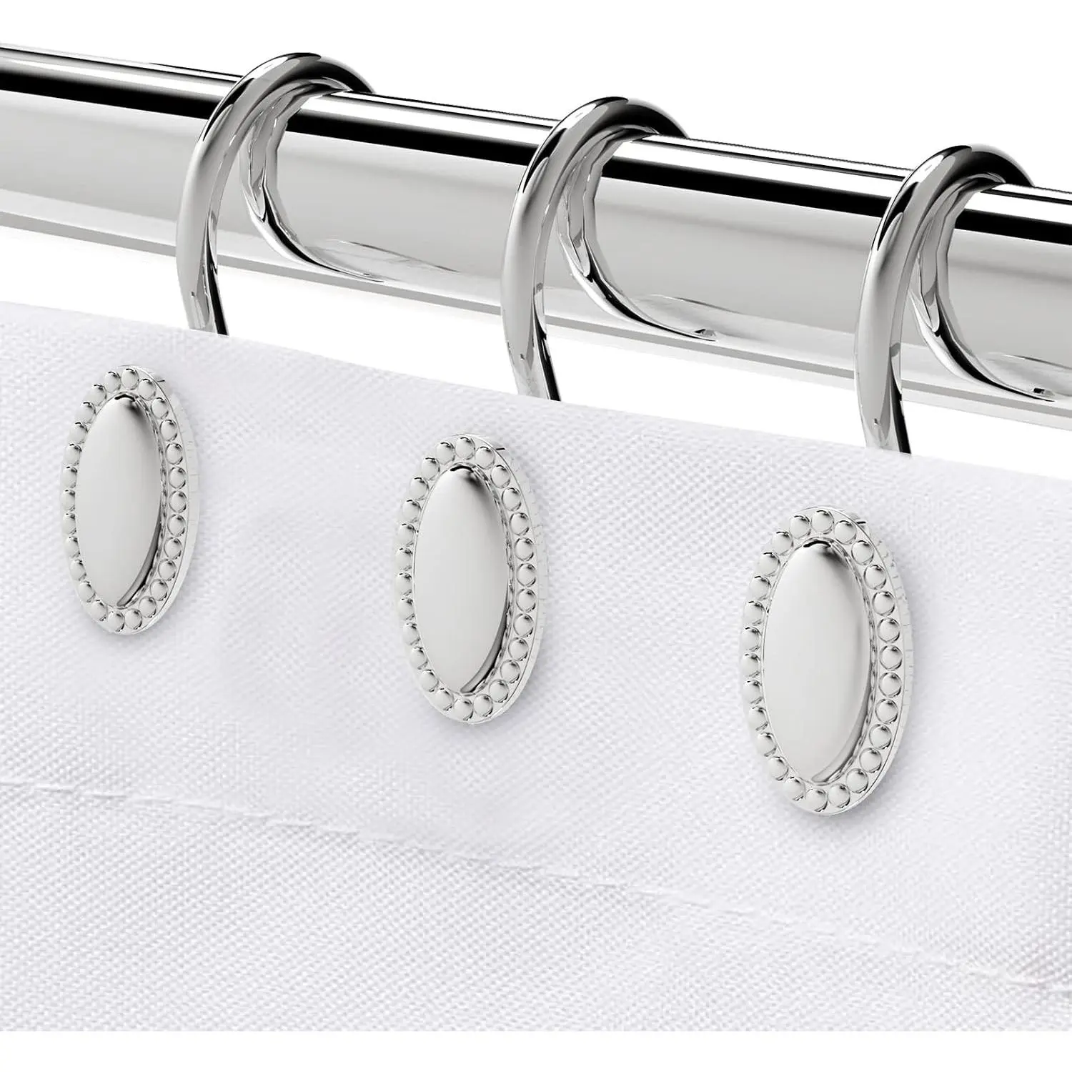Chrome Shower Curtain Hooks, Anti-Rust Zinc Alloy Bathroom Rings | Modern Decorative Shower Curtain Hangers, Heavy Duty, Rust Resistant Metal, Glide Design, For Curtain and Liner