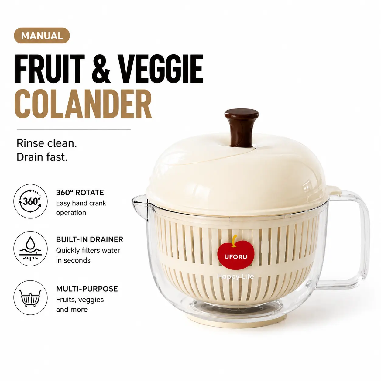 360° Rotating Fruit & Vegetable Washing Bowl with Drain Basket & Lid