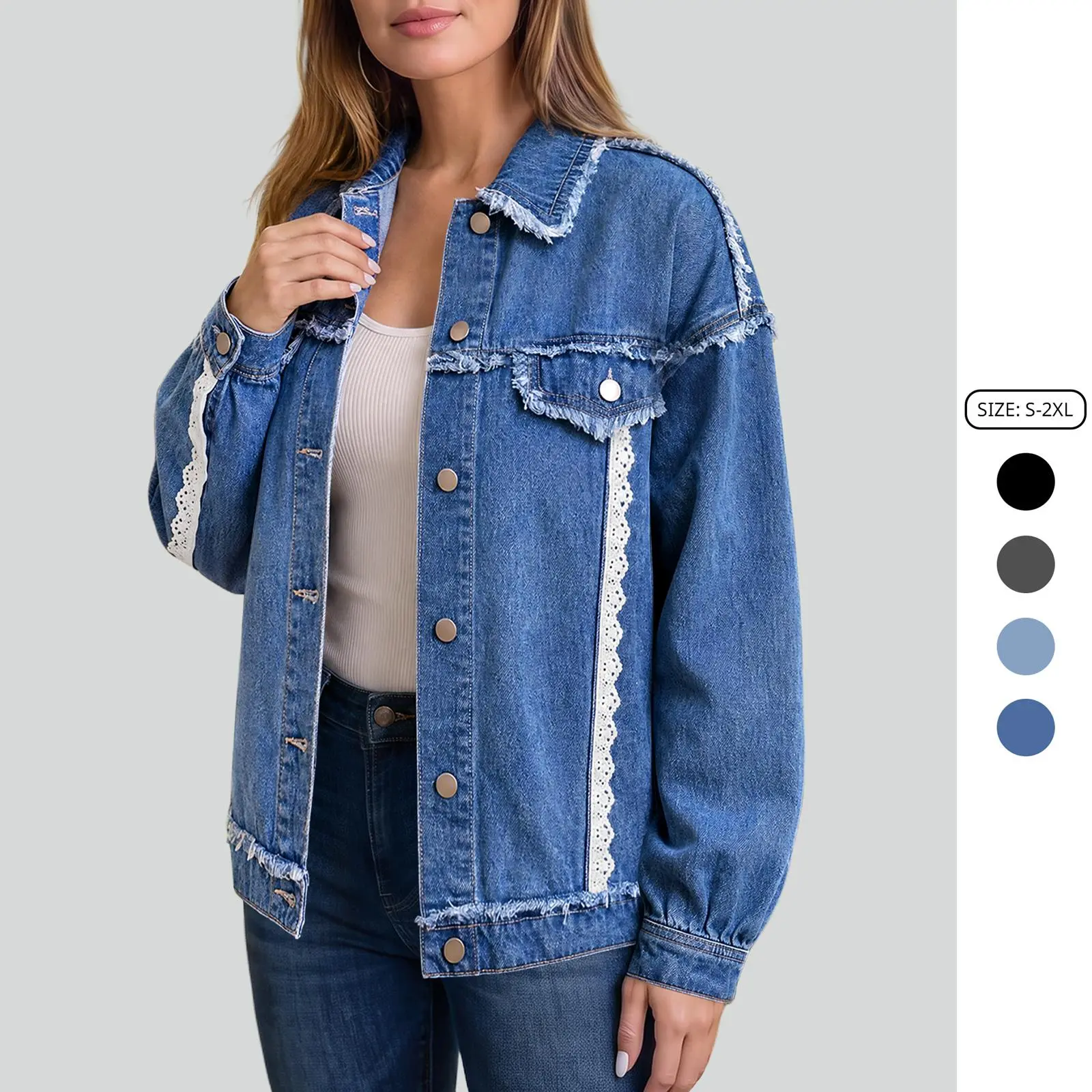 Imily Bela Women's Loose Denim Jacket with Raw Edge Destructed Details and Lace Trim Splicing