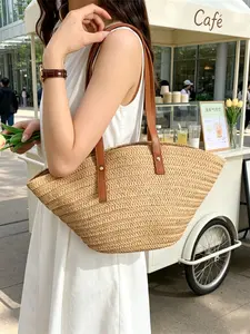 Boho Style French Vintage Straw Bag, Handwoven Magnetic Clasp Crossbody, Versatile Jigsaw Bag, Beach Vacation Sandbag
