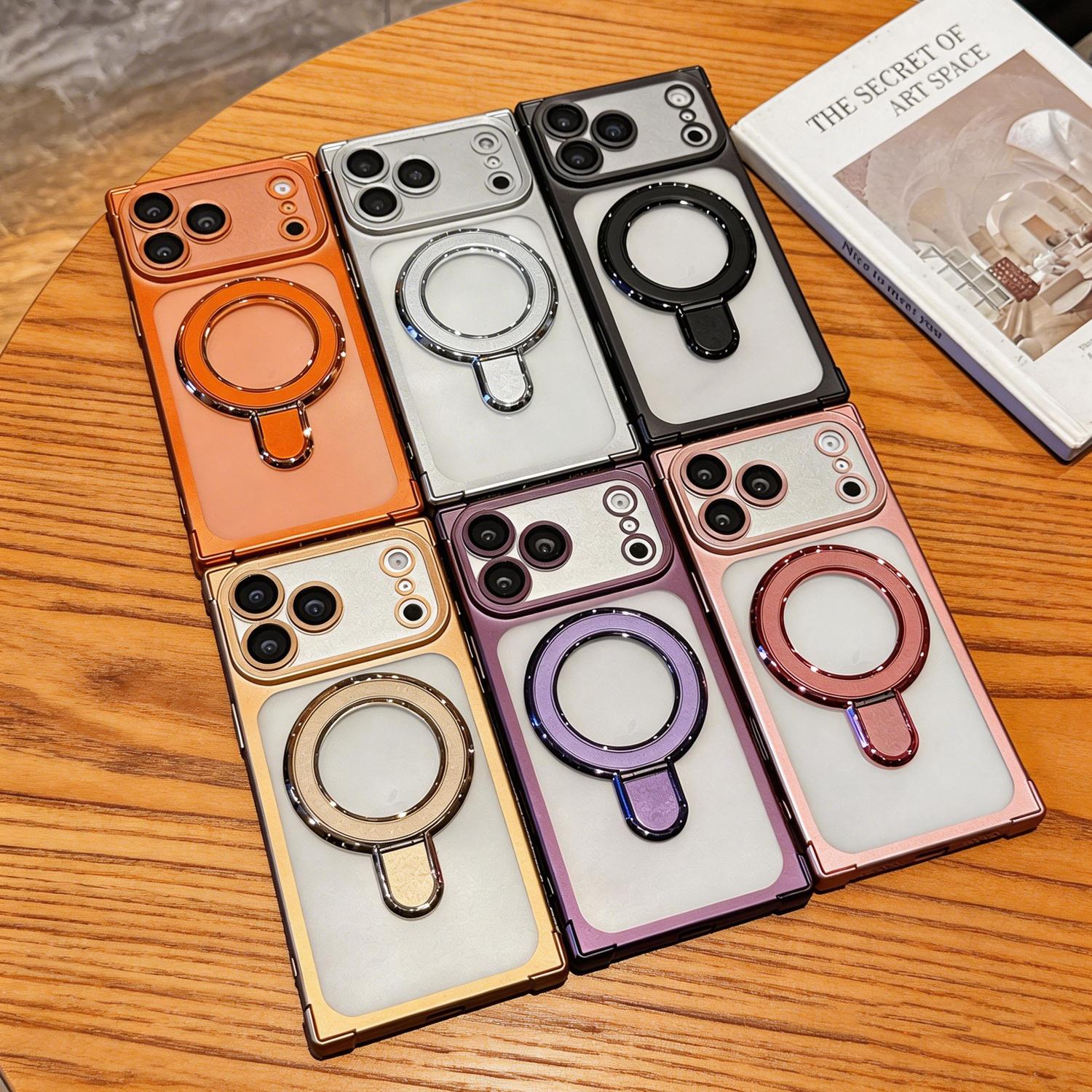 Rectangle Magnetic Clear Case for iPhone 17 Pro Max 16 15 14 13 with Magnetic Ring Stand [Compatible with Mag-Safe] [Full Camera Lens Protector] Plating Clear Phone Case