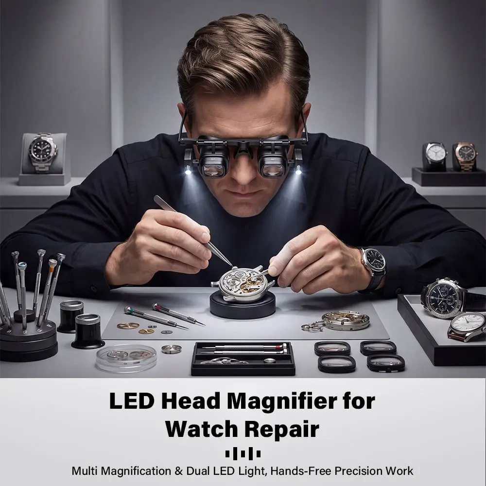 Head Mount Magnifying Glass with LED Light, Jewelers Loupe Magnifier with 4 Interchangeable Lens 2X/6X/10X/24X for Close Work/Electronics/Eyelash/Crafts/Jewelry/Repair