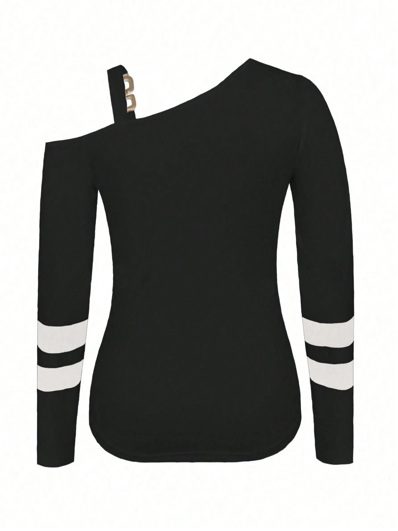 Women's Anchor Print Asymmetrical Neck Tee, Casual Long Sleeve Fitted T-shirt for Daily Wear, Ladies Clothes for All Seasons, Clothing, Top