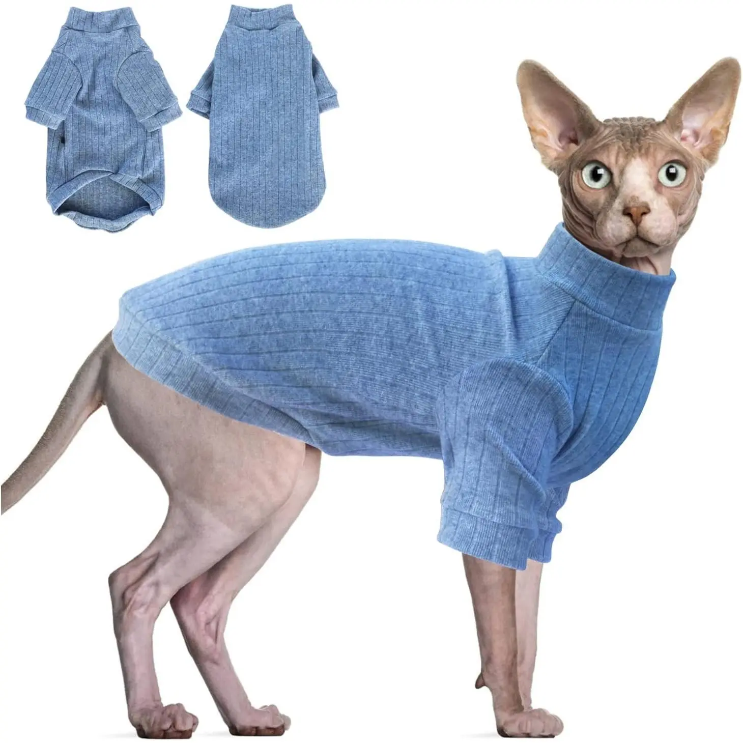 Sphynx Hairless Cats Sweater Shirt Soft Kitten Pullover Cute Cat Pajamas Jumpsuit Cotton Apparel Winter Turtleneck Pet Clothes for Cats Teacup Chihuahua Small Dogs (Blue,XL)
