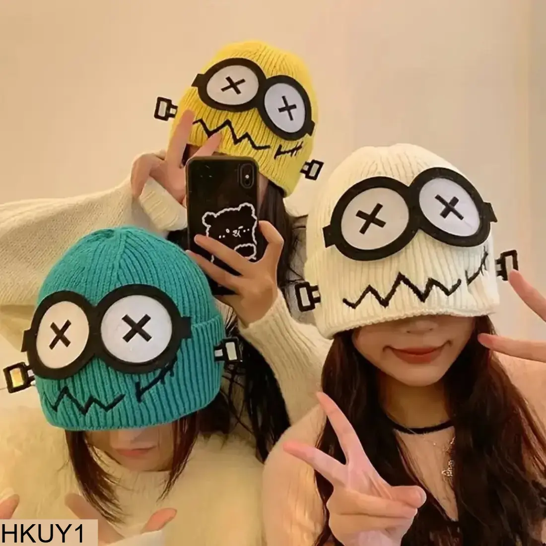 Women & Teens' Funny Cartoon Beanie - X-Eye Monster Face Knit Hat with Oversize Goggles, Cozy Novelty Winter Cap for Halloween, Party Wear, Funny Gift Ideas