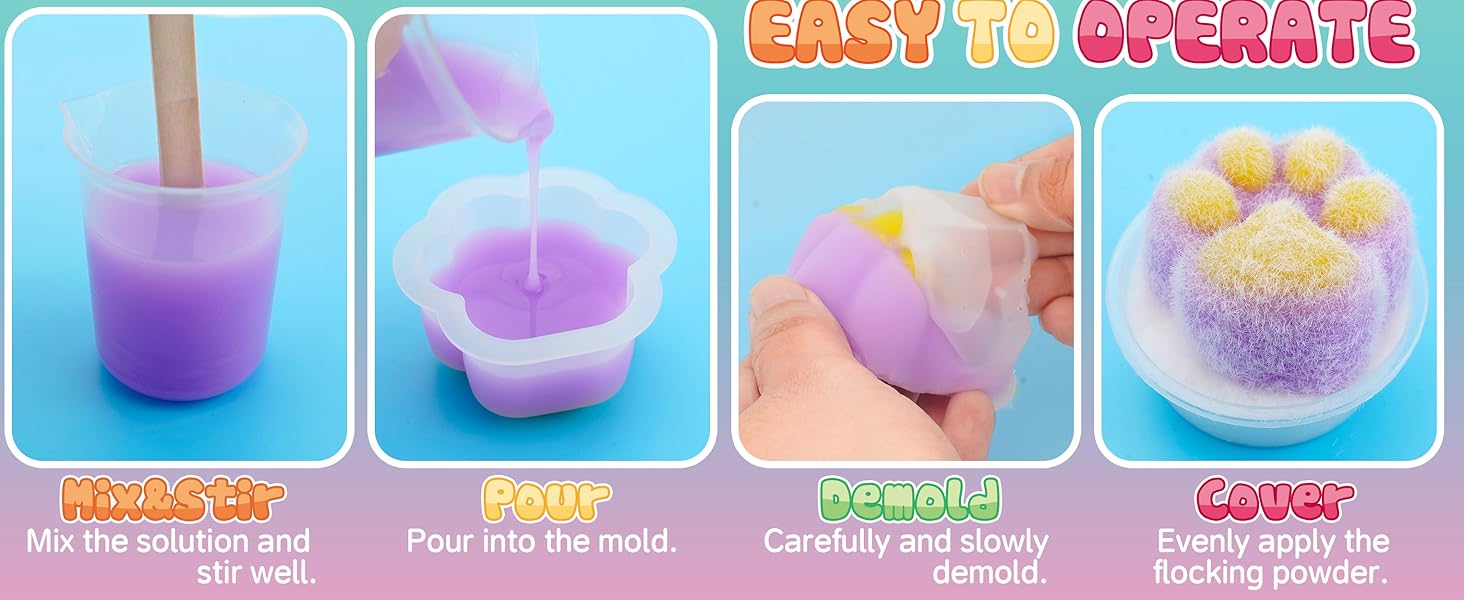 Cat Paw Squishy Kit - 18OZ Rubber with Guided, Bubble Free and Faster Fully Cures - FuFu Squishy Kit with Mold, Flocking Powder - Stress Relief Entertainment