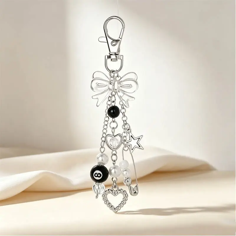 1pc, Y2K Gothic 8 Ball Keychain | Silver Heart Bow & Star Safety Pin Bag Charm, Coquette Grunge Aesthetic Keyring Pendant for Daily & Party