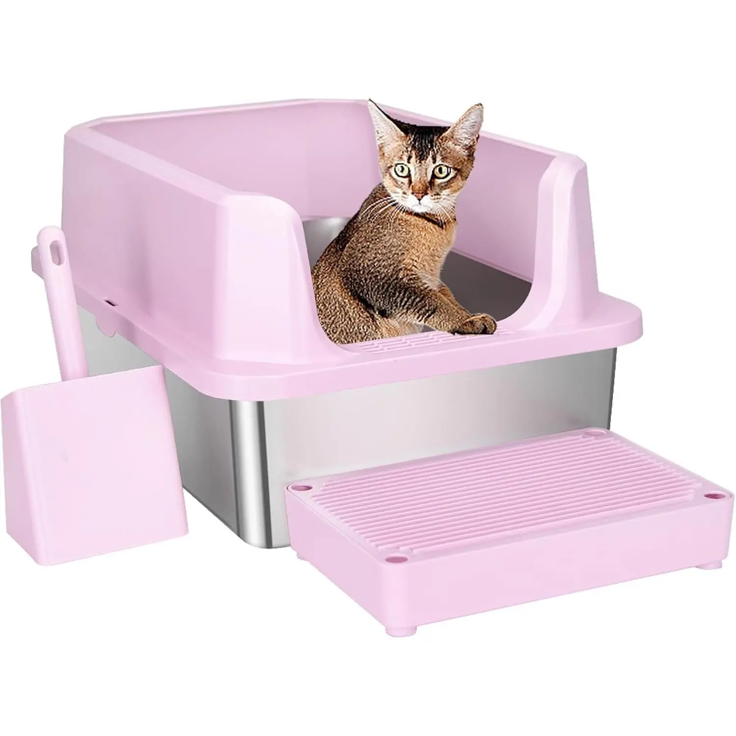 Large Pink Stainless Steel Cat Litter Box - Open-Top with Non-Stick Coating, High Sides Splash-Proof, Easy Clean for Cats up to 20 lbs, Ideal for Living Rooms & Apartments