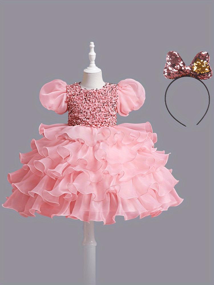 Girls Sparkling Sequin Princess Dress Puff Sleeves Halloween Christmas Dance Performances Formal Dresses for Youngsters Stage Performance Skirt with Positioning Holes