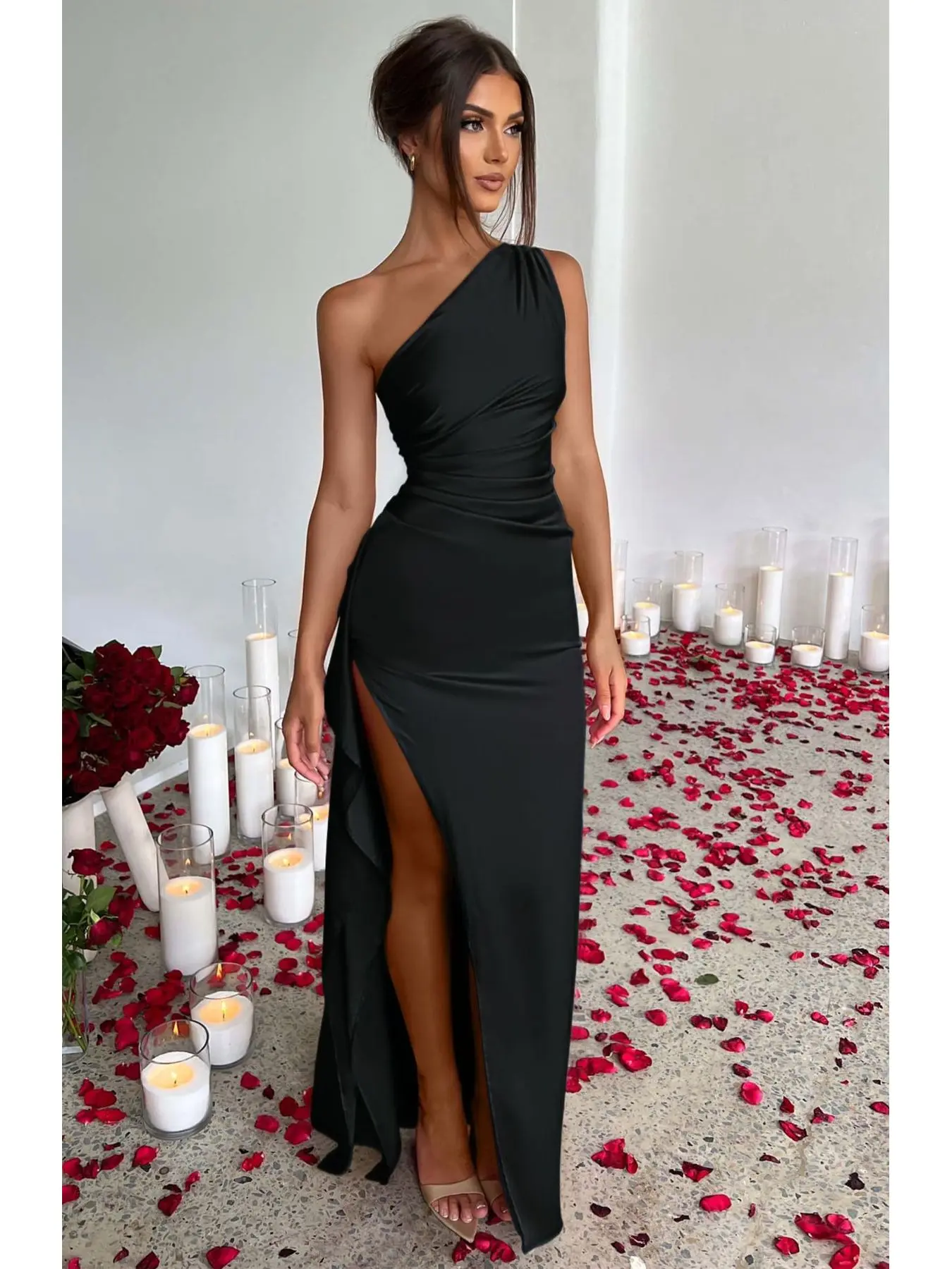 2026 summer sexy satin dress for women european and american style single shoulder ruched split short sleeve elegant party evening midi dress for vacation daily wear