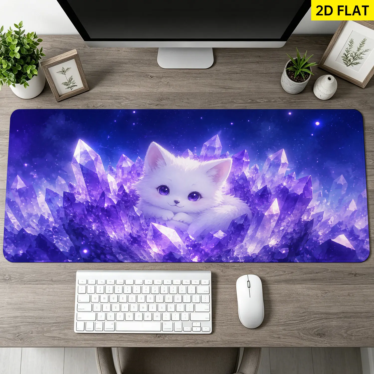 Extra Large cute white fox and purple crystal Mouse Pad,Non Slip Rubber Pad,Desktop Decoration Drotection Pad,Washable,Lock Edge Multi Size,Premium Multipurpose Mousepad For Office,Gaming Desk,Gift for Family and Friends