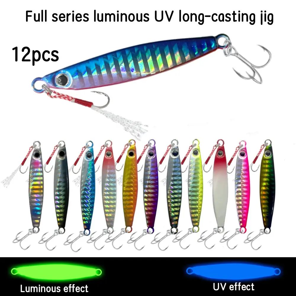 YANGSHANG 12Pcs Long Cast Metal Jig Kit UV Luminous Holographic Hard Bait Double Assist Treble Hooks Salt Freshwater Offshore Shore Fishing Tackle Assorted Colors