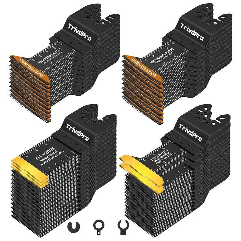 50pcs Multitool Blades Oscillating Tool Blade Kit for Metal Wood Plastic Cutting, High Carbon Steel Titanium Curved Edge Design Universal Fit
