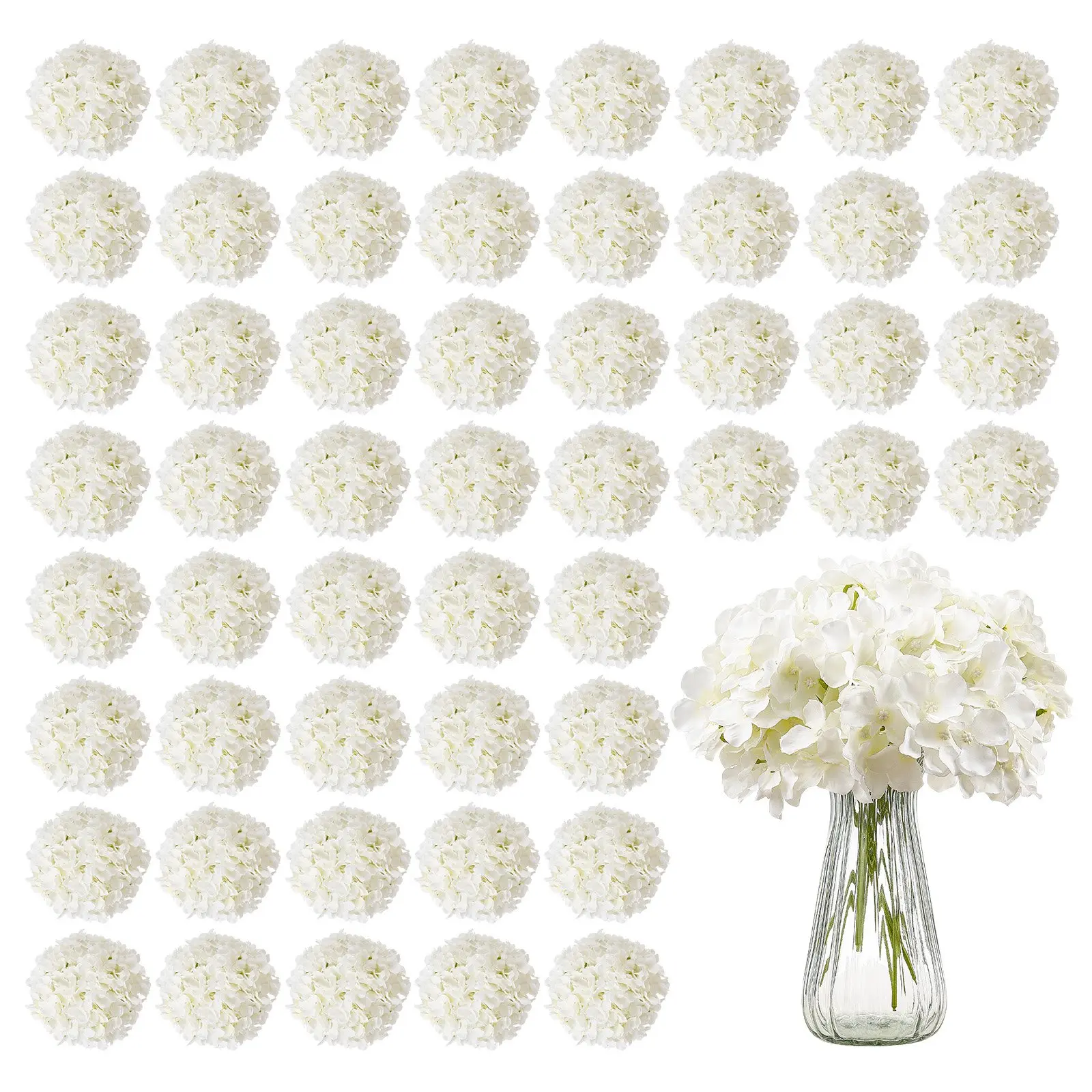 VEVOR 65-Pc Photorealism White Silk Artificial Hydrangea Flowers with Stems, for DIY Wedding Bouquets, Indoor Home Centerpiece & Party Decor
