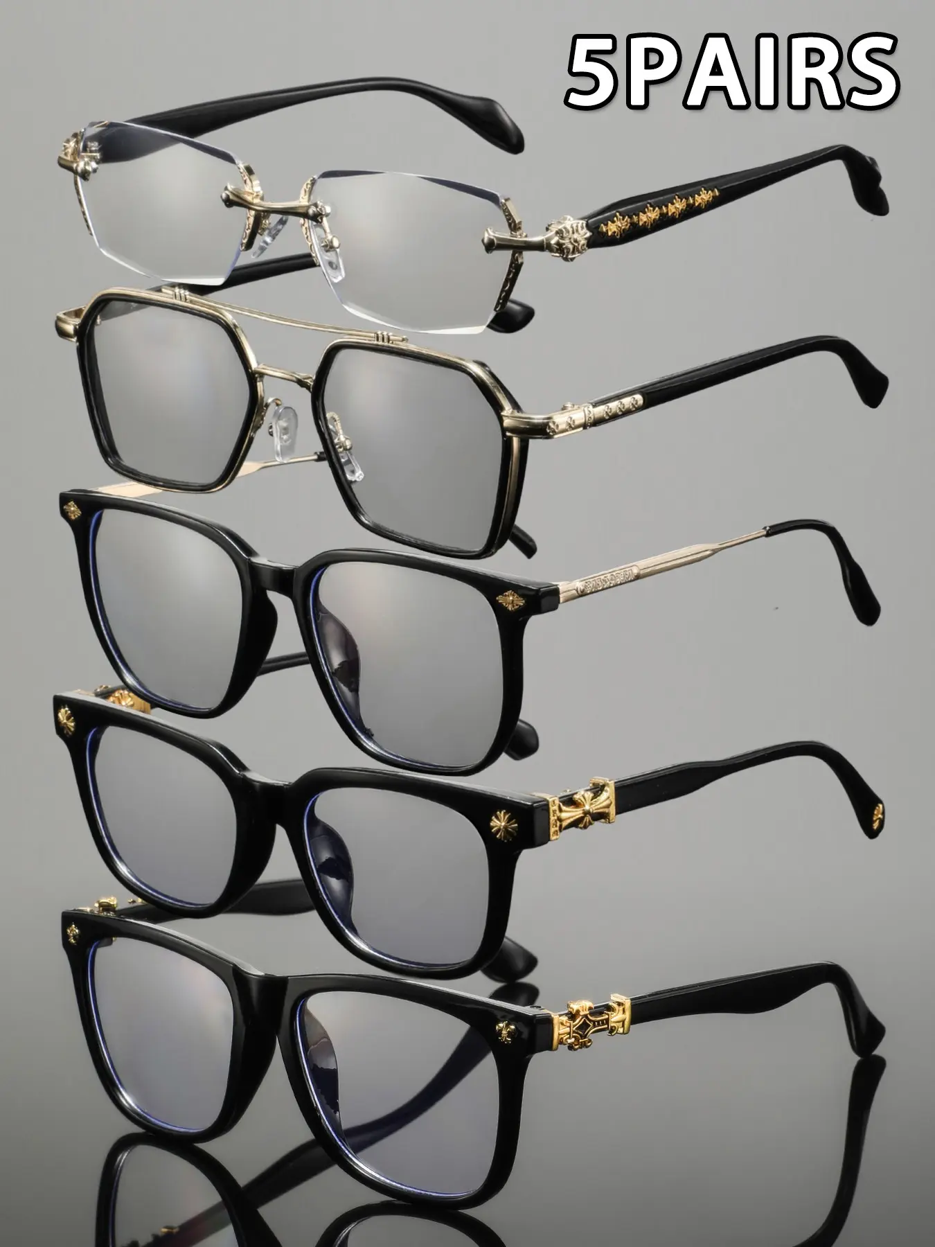 5pcs Men's Square Rice Nail Double Beam Combination Glasses, Classic Retro Elegant Business Style, Fashion Plain Lenses, Vintage Square Frame