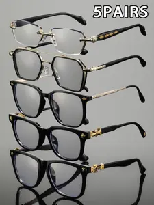 5pcs Men's Square Rice Nail Double Beam Combination Glasses, Classic Retro Elegant Business Style, Fashion Plain Lenses