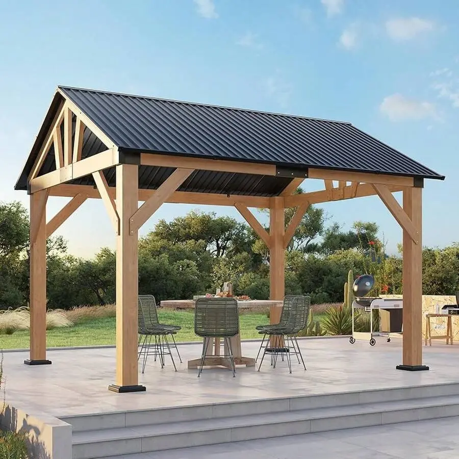 10x12 FT Hardtop Wood Gazebo With Steel Gable Roof, Modern Outdoor Pergola Guest, Porch, Patio