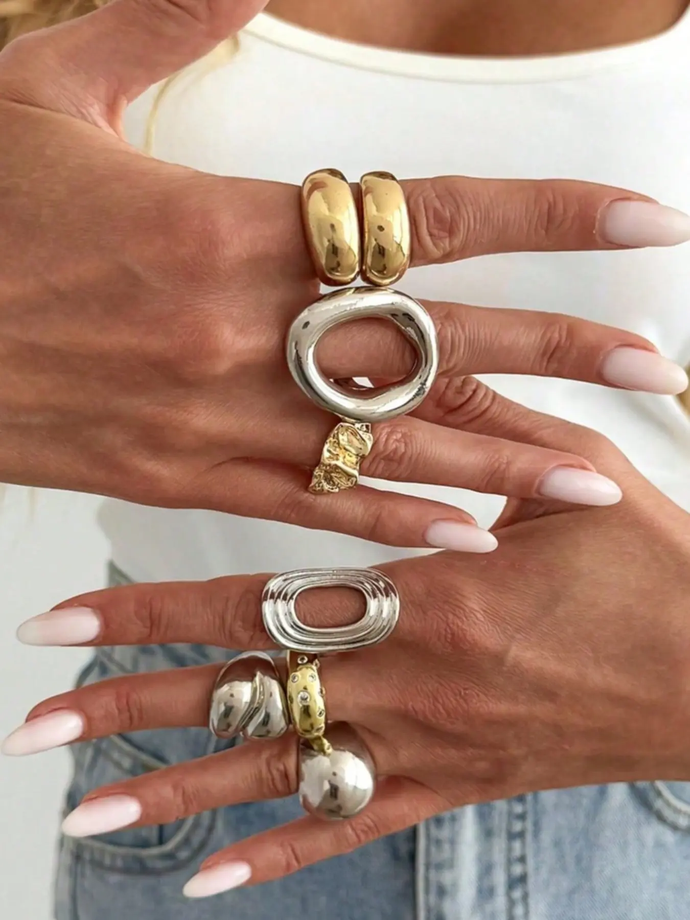 8pcs Bohemian Style Chunky Mixed Metal Rings, Stackable Gold And Silver Tone Personalized Rings, Suitable For Daily And Party Wear, Stackable Fashion Rings