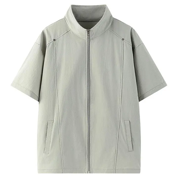 Men's Casual Zip T-Shirt, Loose-Fitting Plain Short Sleeve Top with Stand Collar, Quick-Dry Breathable Stretch Fabric for Everyday Wear, Casual Chic Minimalist, High Stretch, Shortsleeve, Stylish