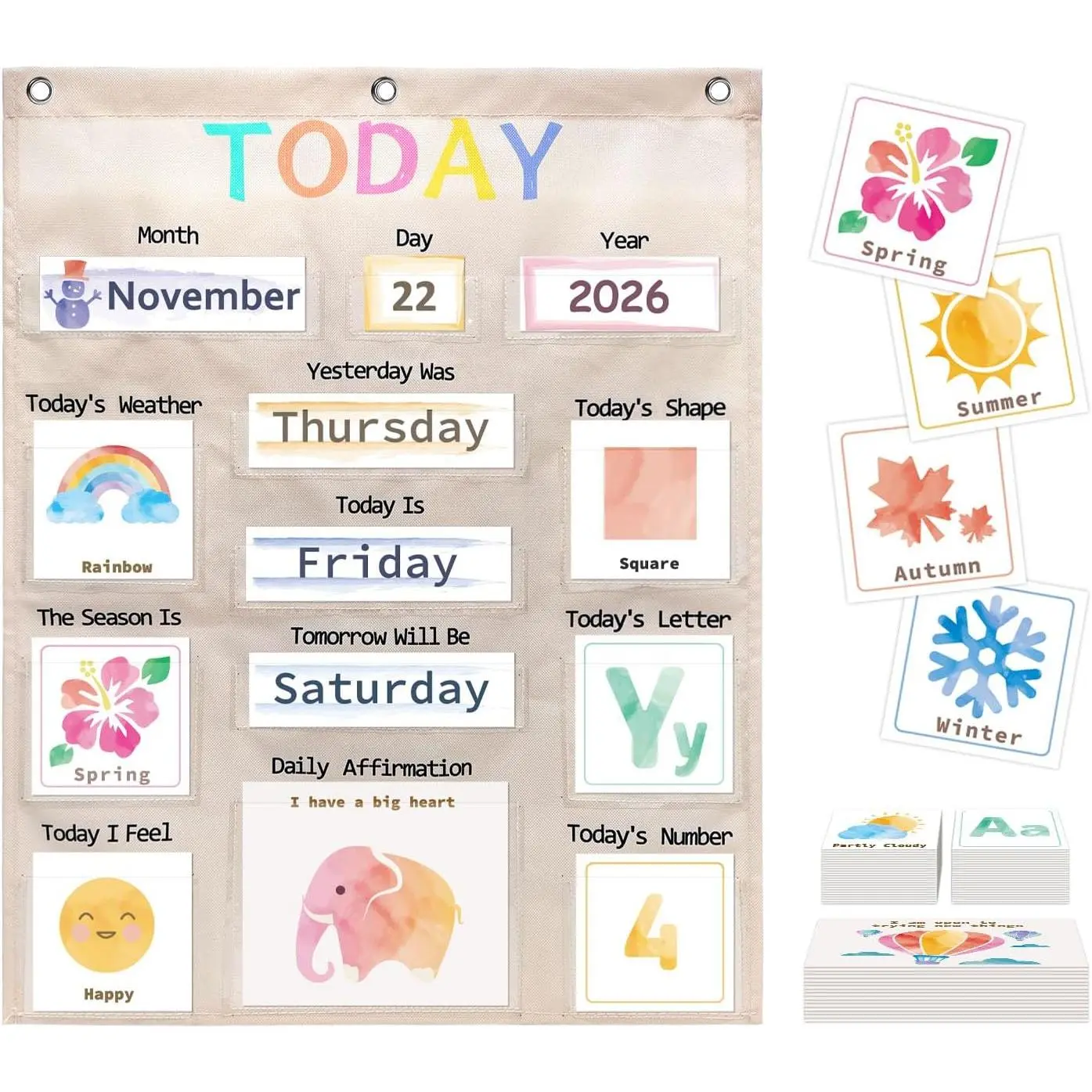 Daily Morning Board Circle Time Calendar Weather Seasons Positive Affirmations Letter Shape Number of the Day Pocket Chart,Toddler Preschool Calendar,Homeschool Morning Work Activity, Pastel Design