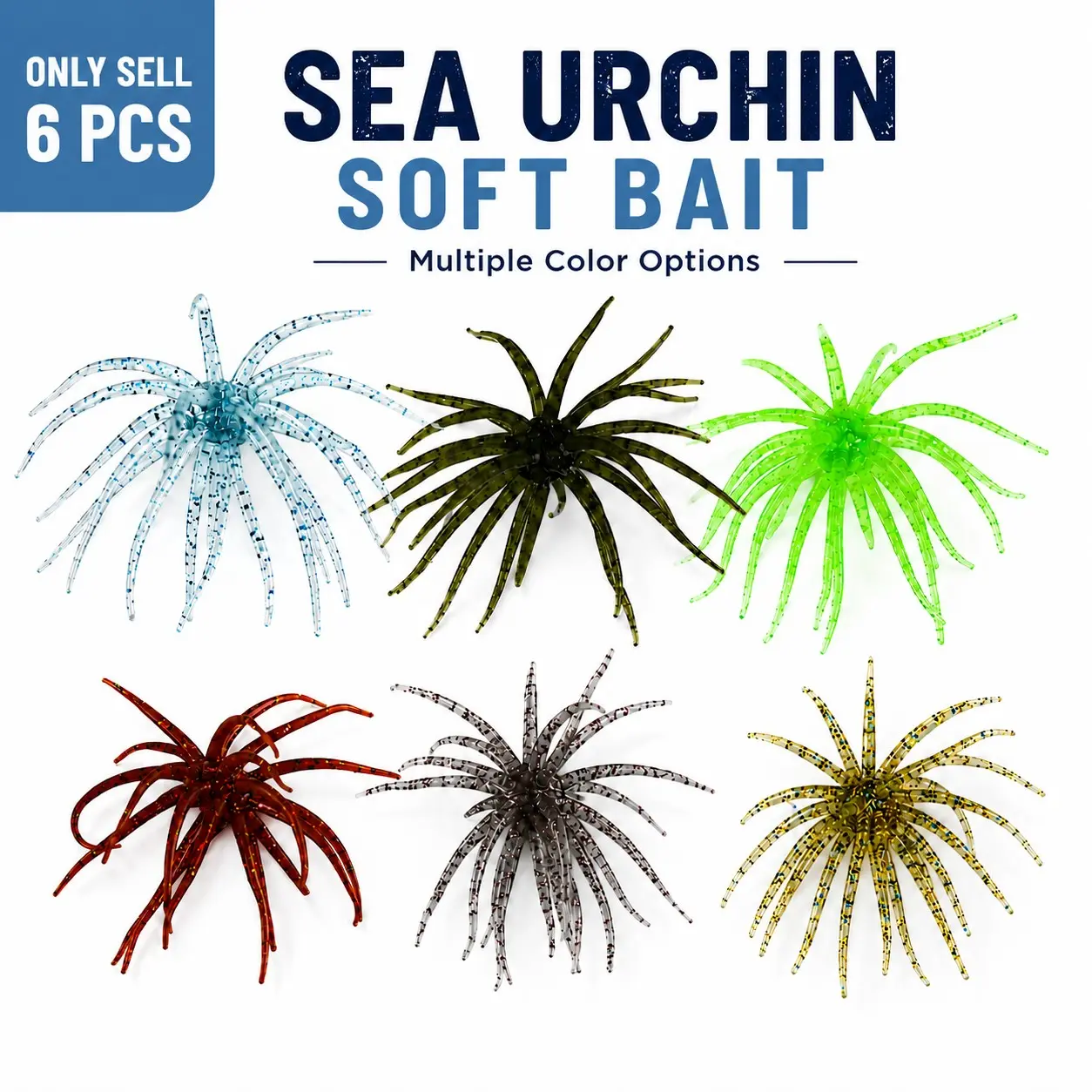 6PCS Sea Urchin Soft Bait, Artificial Fishing Lure, Artificial Lures, Multiple Color Options, Durable Stretchy Design with Enhanced Swim Action, Ideal for Saltwater Fishing for Trout, Bass, Crappie, Fishing Lure Set