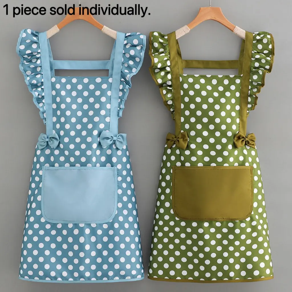Cute Polka Dot Bow Ruffle Apron, Adjustable Pocket Kitchen Apron, Waterproof Oil-Resistant, Ideal for Cooking Baking Gardening, Blue Colors, Gift