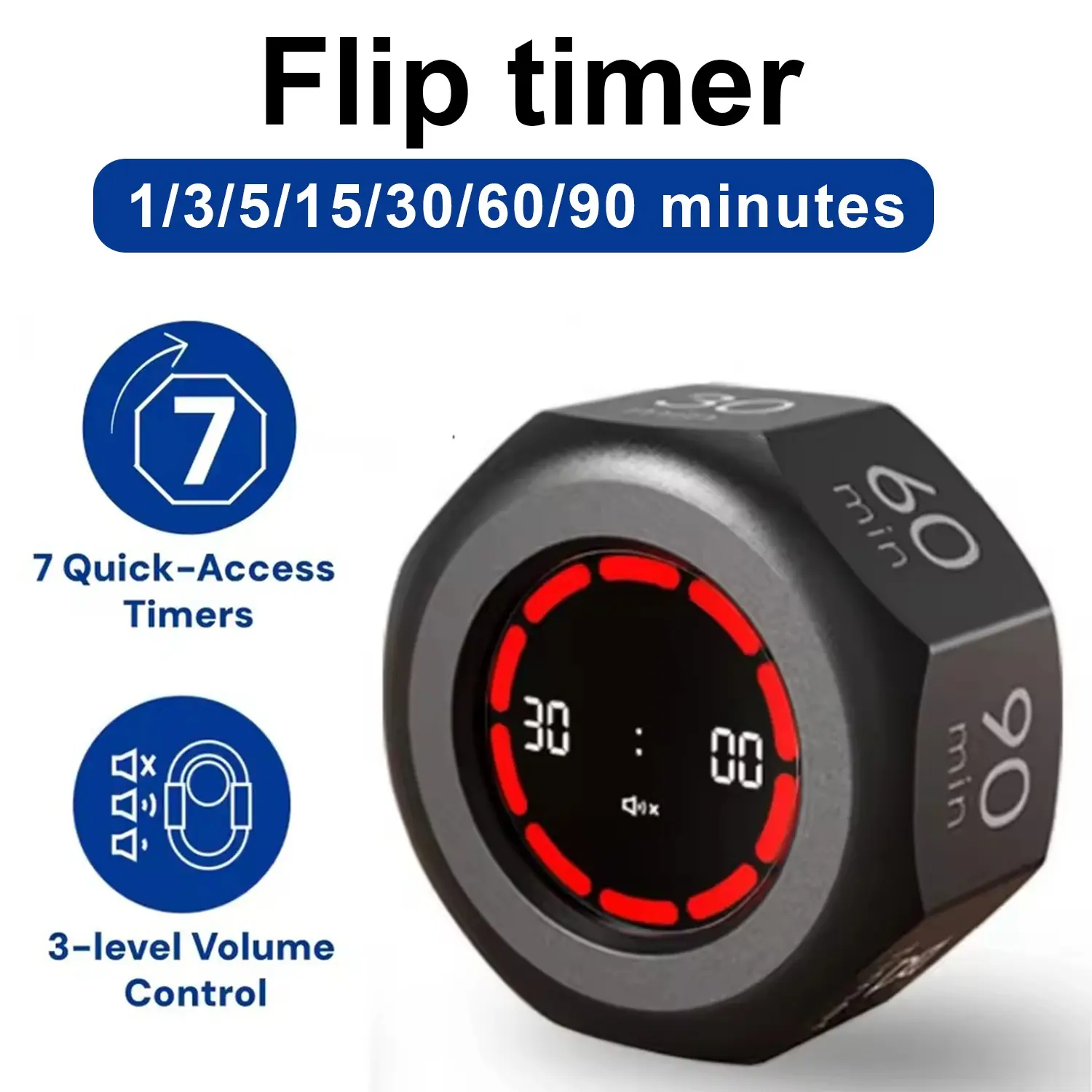 Rechargeable Flip Timer, 1/3/5/15/30/60/90 Minute Countdown, LCD Display, LED Screen, Gravity Sensor, Mini Cube Timer for Cooking, Learning, Shower