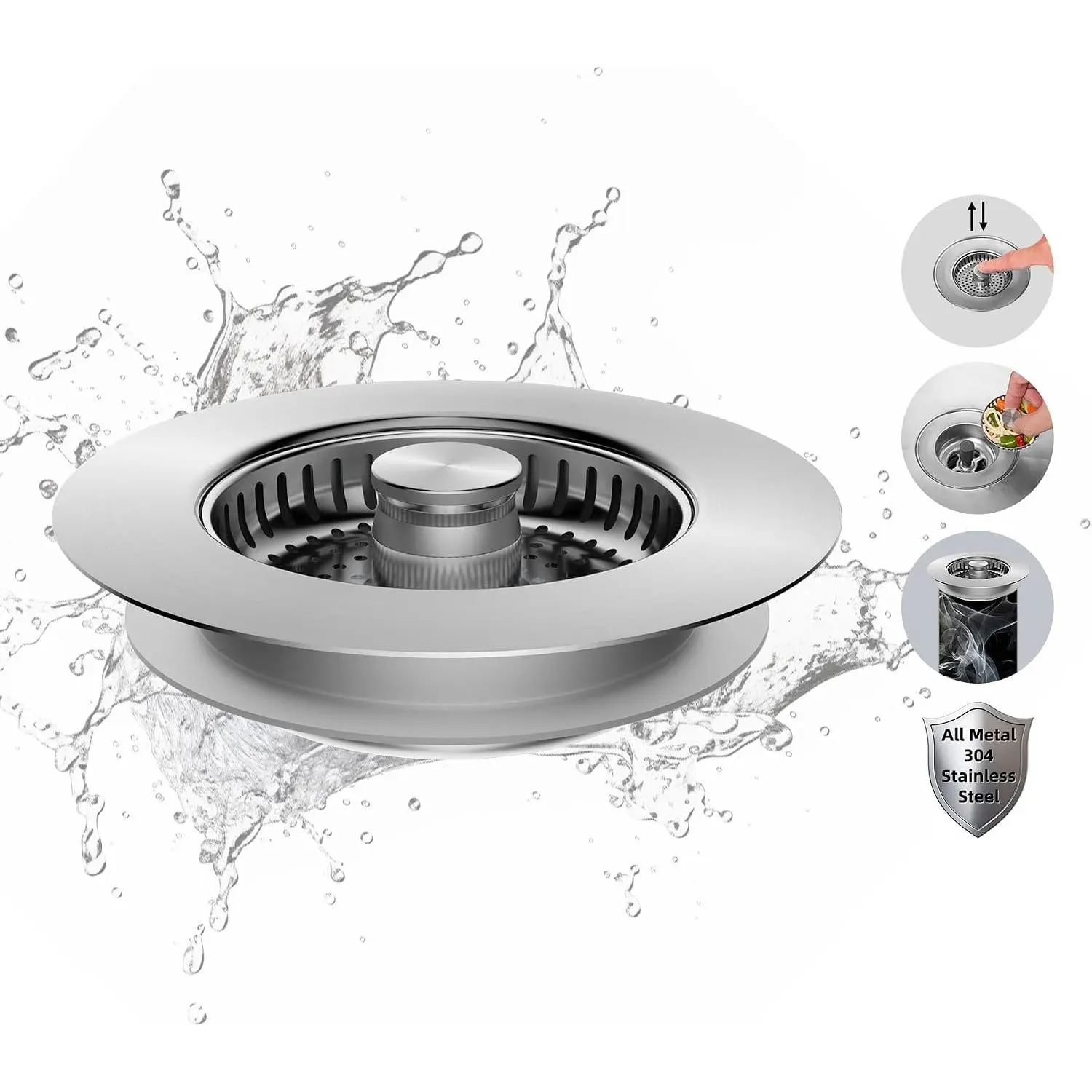 Metal Stainless Steel 3 in 1 Kitchen Sink Drain Strainer, Upgraded Anti-Rust Sink Stop Combo, Anti-Clogging Stainless Steel Basket Strainer with Metal Handle for  Standard 3-1/2" Drain