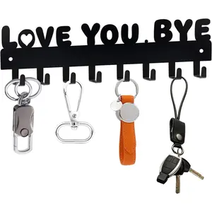Key Holder for Wall, Key Hooks with 8 Hooks, Key Holder Wall Mount Self Adhesive, Key Rack for Wall No Drill for Entryway, Front Door, Hallway, Living Room (Black-Love You Bye)
