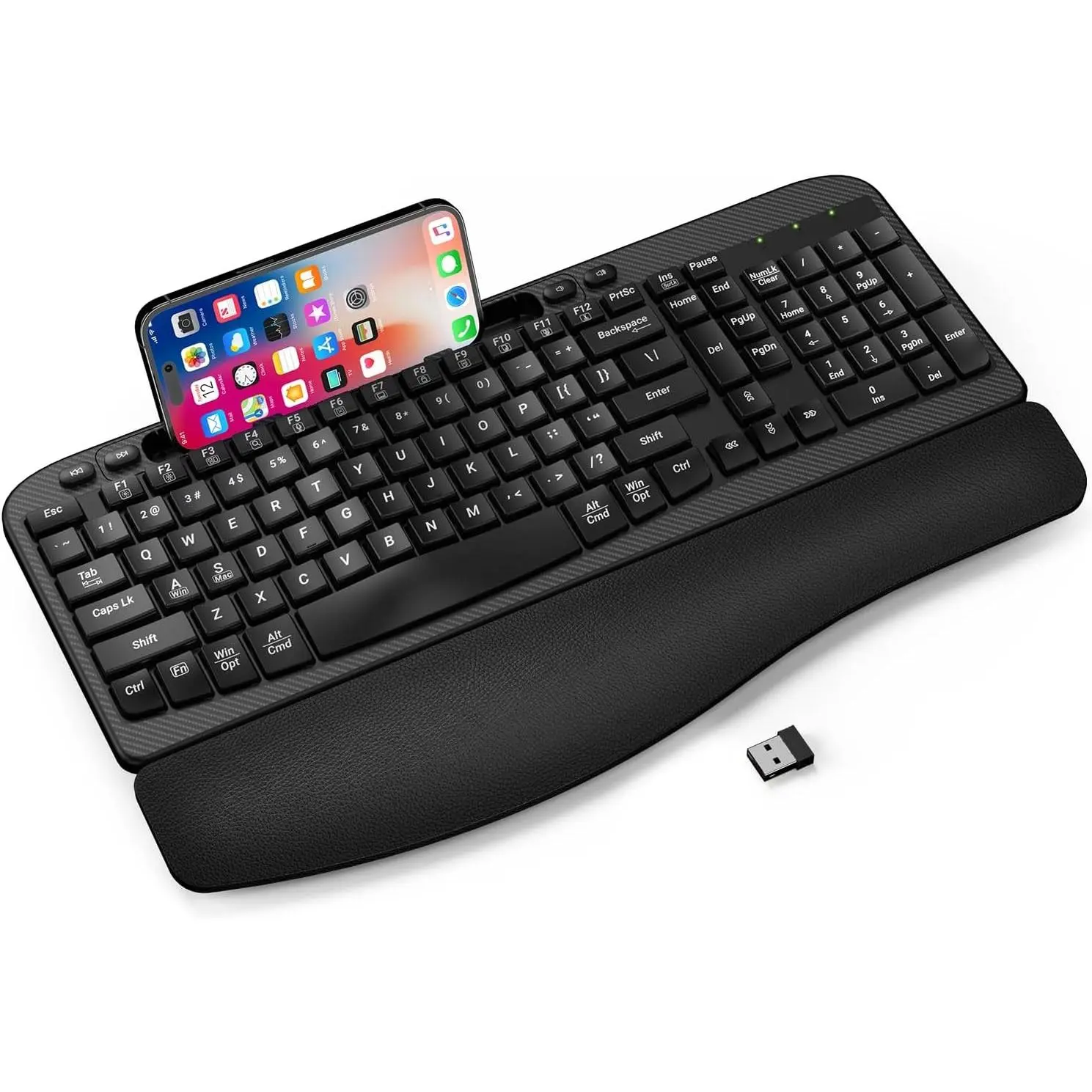 2.4G Wireless Ergonomic Keyboard with Memory Foam Wrist Rest & 7.28in Phone Holder, Full Size Wave Keys, USB-C Adapter, for Windows Mac Chrome OS, Office Home (Black)Gift