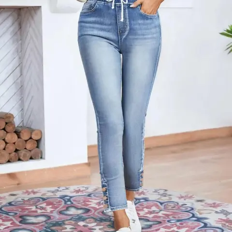 1 Piece Form-fitting High Waisted Denim Jeans Capri Cropped Pants for Women, Bottom, Adjustable Elastic Waist Stretchy Slim Fit, Summer Casual Versatile Style