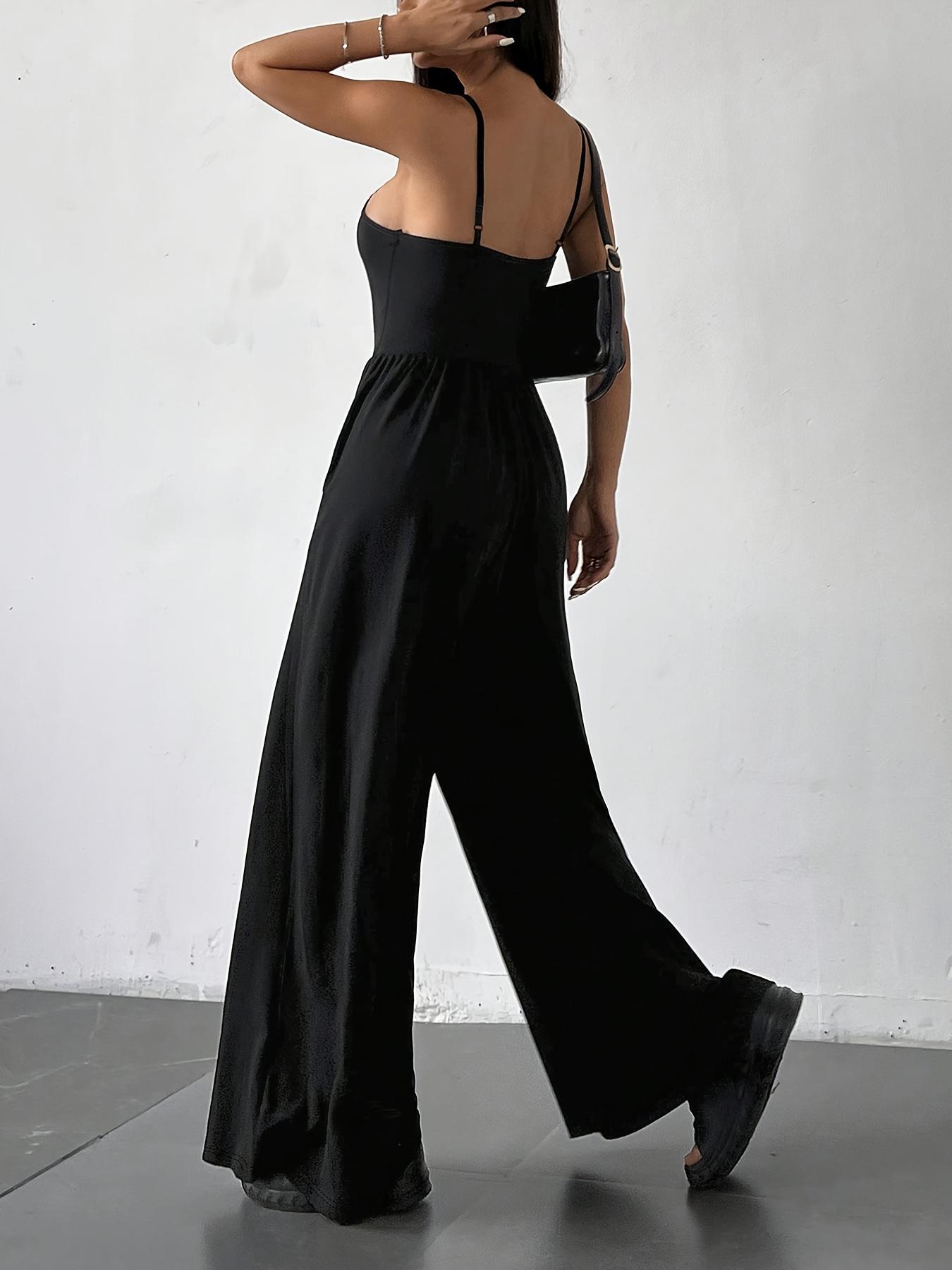 Women's Solid Wide Leg Jumpsuit, Casual Comfy Backless Cami Jumpsuit for Daily Wear, Ladies Clothes for All Seasons