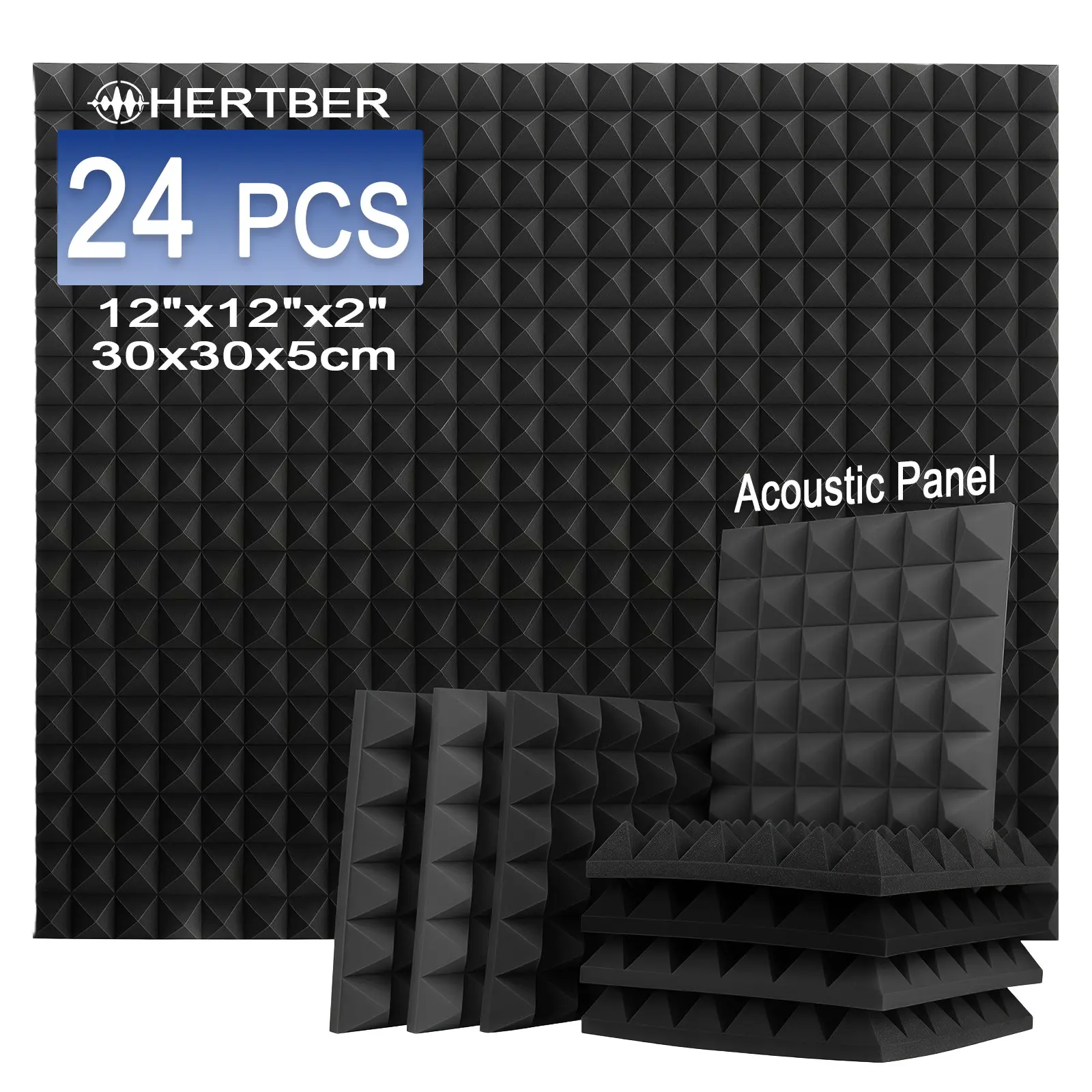 24Pcs Black Pyramid Acoustic Foam Panels 30×30×5cm High Density Sound Proof Decor Wall Panels, for Living Room Bedroom Ceiling Studio Wall Decoration, Reduce Indoor Echo & Noise, Lightweight & Easy to Cut