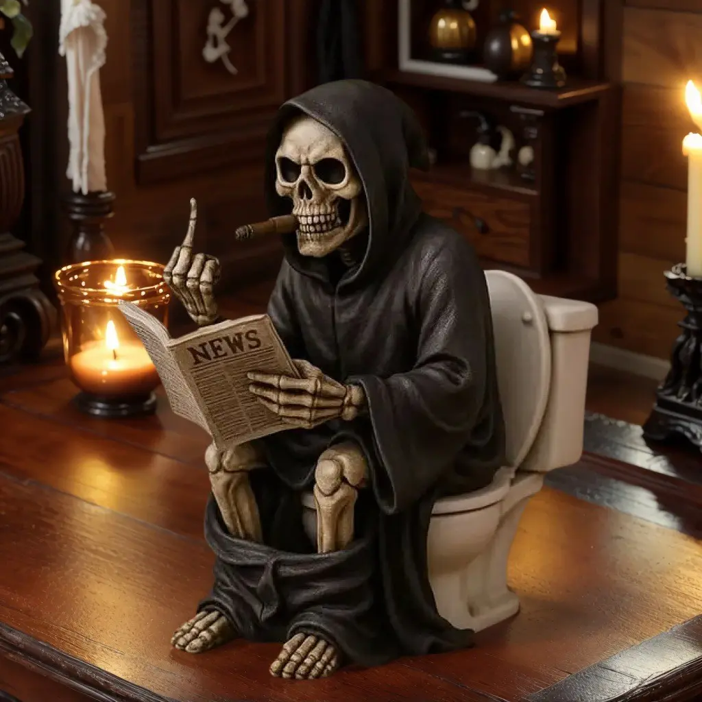 Funny Skeleton Toilet Statue with Cigar, Gothic Grim Reaper Desk Ornament, Novelty Spooky Gift for Men, Halloween Party Decor, Skeleton Decoration, Decor Figurine Ornaments