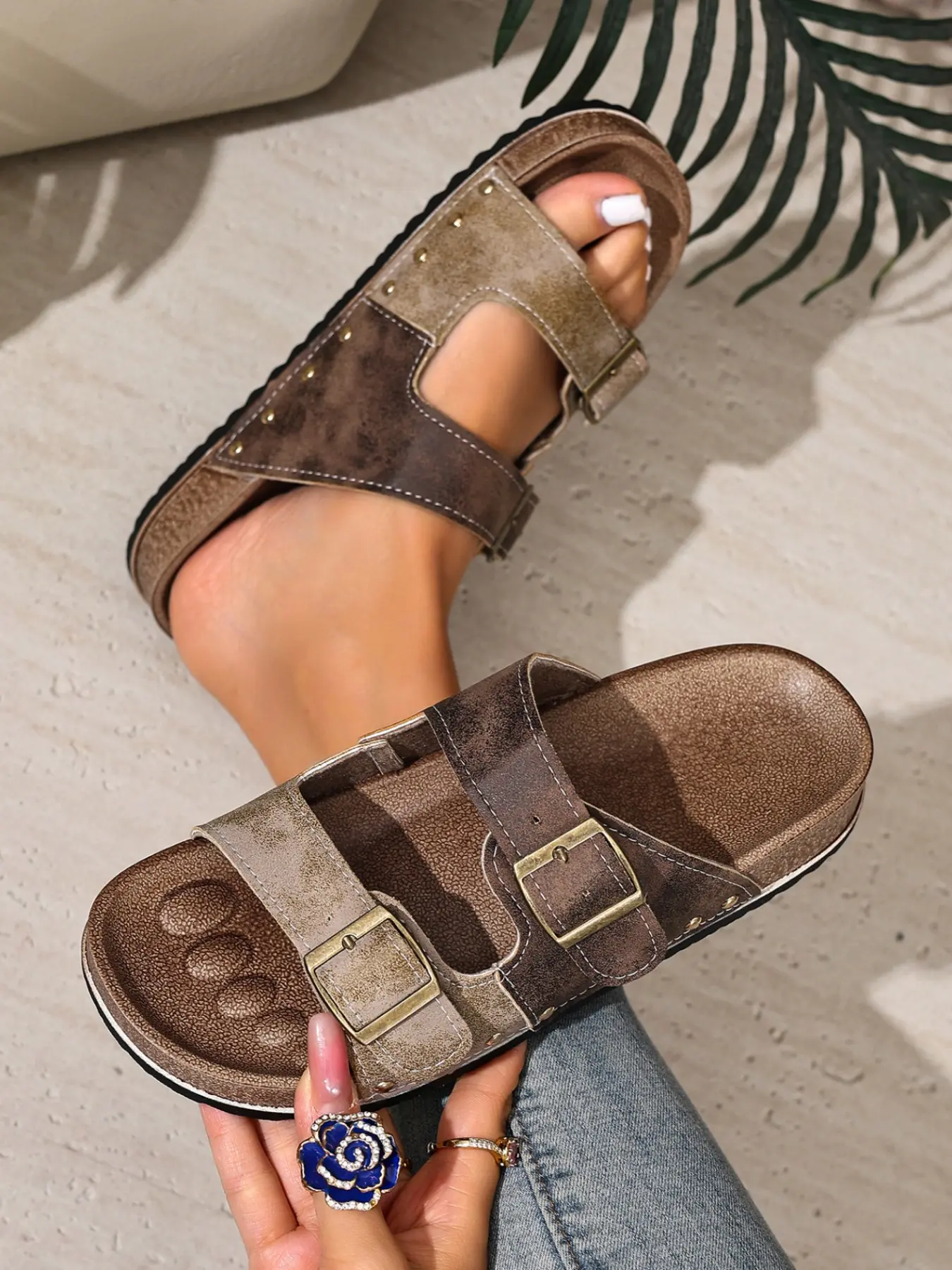 Meadow Color Dual Strap Flat Sandals, Adjustable Metal Buckle, Outdoor Beach Women's Flip Flops, Comfortable Summer Footwear