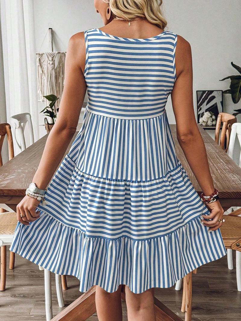 Women's Striped Print Ruffle Hem Tank Dress Sleeveless Short Dress for Summer, Ladies Boho Chic Dress Clothes for Daily Wear