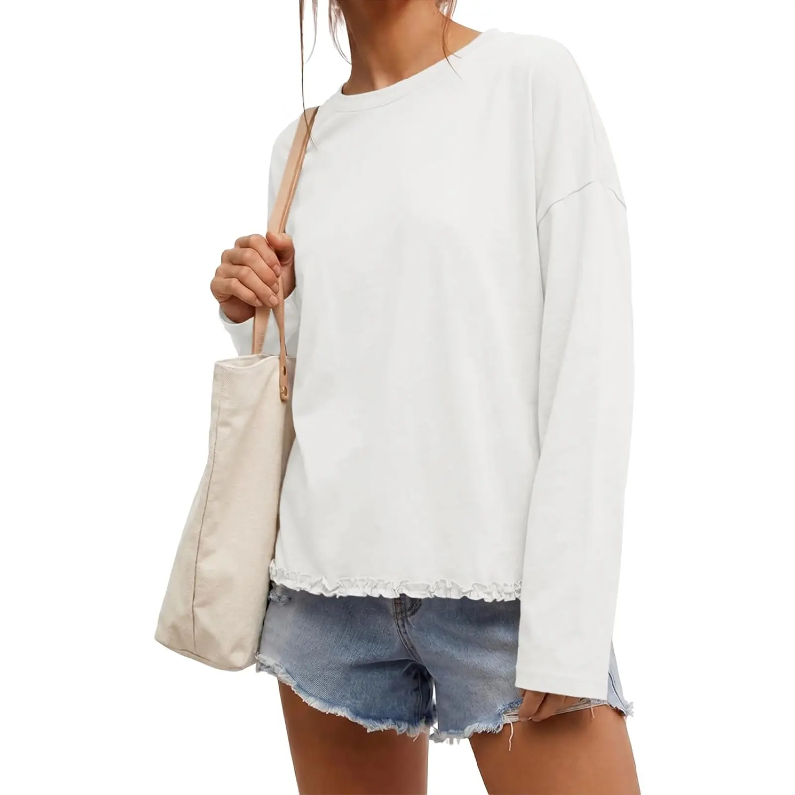 Cicy Bell Womens Long Sleeve Shirts Crew Neck Ruffle Hem Drop Shoulder Tops Trendy Casual Loose Fit T Shirts