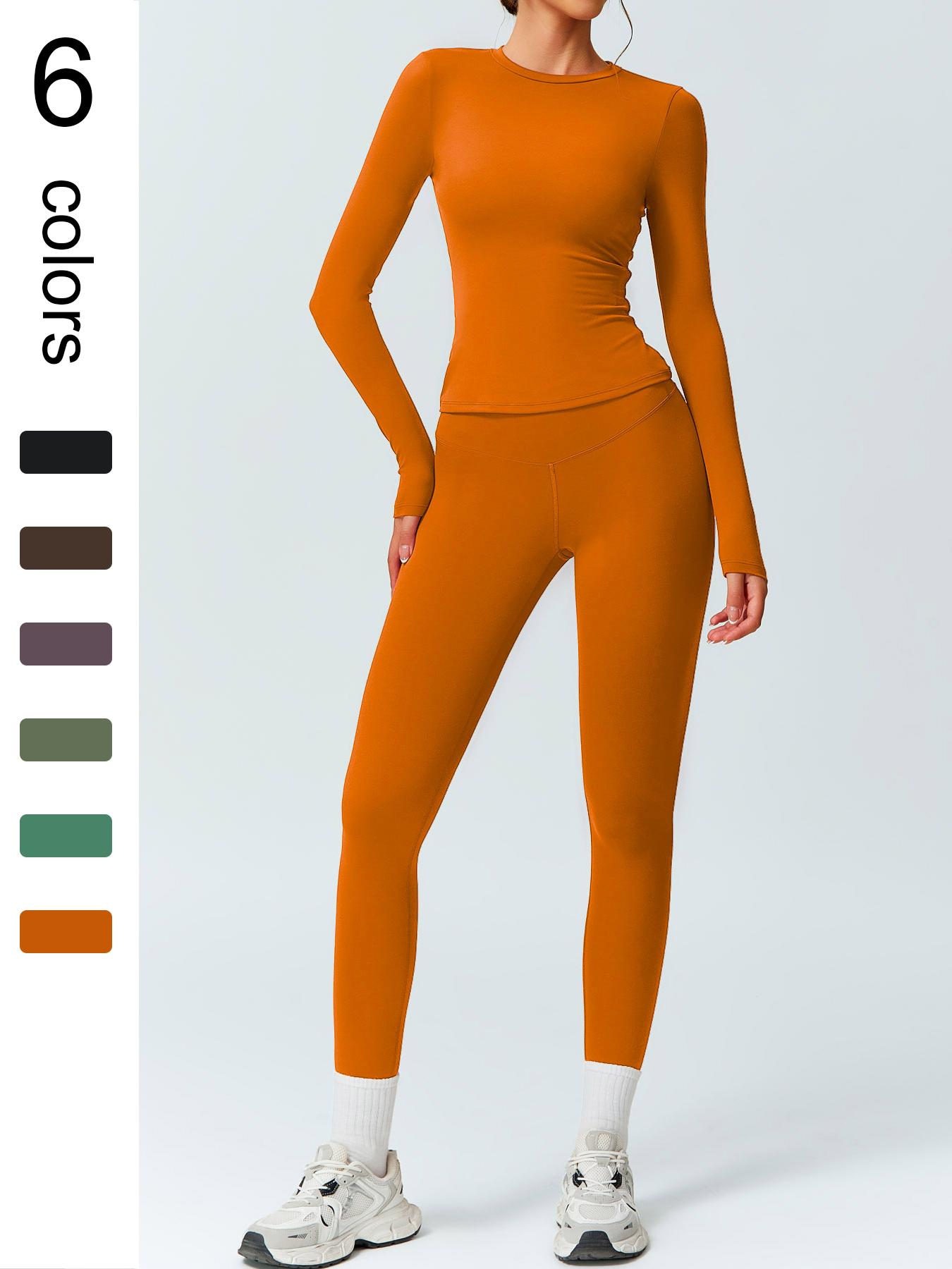 Women's Solid Color Long Sleeve Tee & High Waist Leggings Workout Set, Sporty Comfy Breathable Outfits for Gym Running, Workout Running Clothes, Ladies Fall & Winter Sportswear