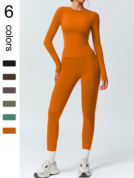 Women's Solid Color Long Sleeve Tee & High Waist Leggings Workout Set, Sporty Comfy Breathable Outfits for Gym Running, Workout Running Clothes, Ladies Fall & Winter Sportswear