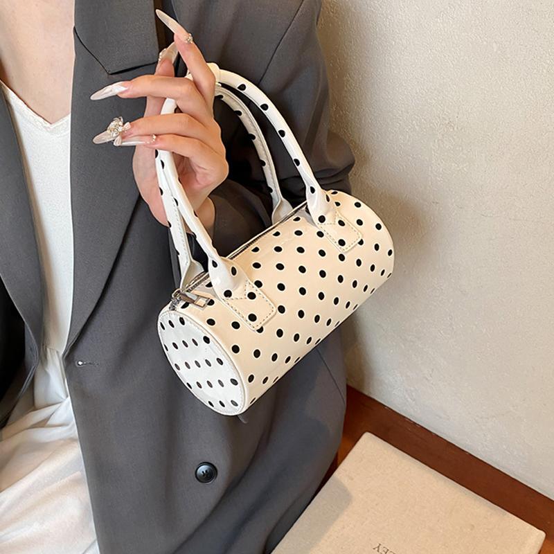 Crossbody Bag for Women Barrel Shape Mini Top Handle Purse PU Leather Polka Dot Cute Handbag Adjustable Strap Daily Use