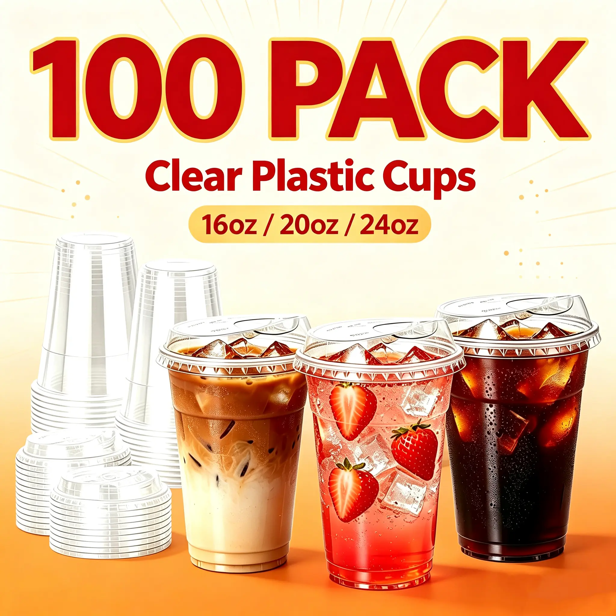 100 Pack Clear PET Cold Drink Cups with Flip Lids, Ideal for Outdoor Picnics, Parties, Office Takeaway & Daily Cold Drink Packaging