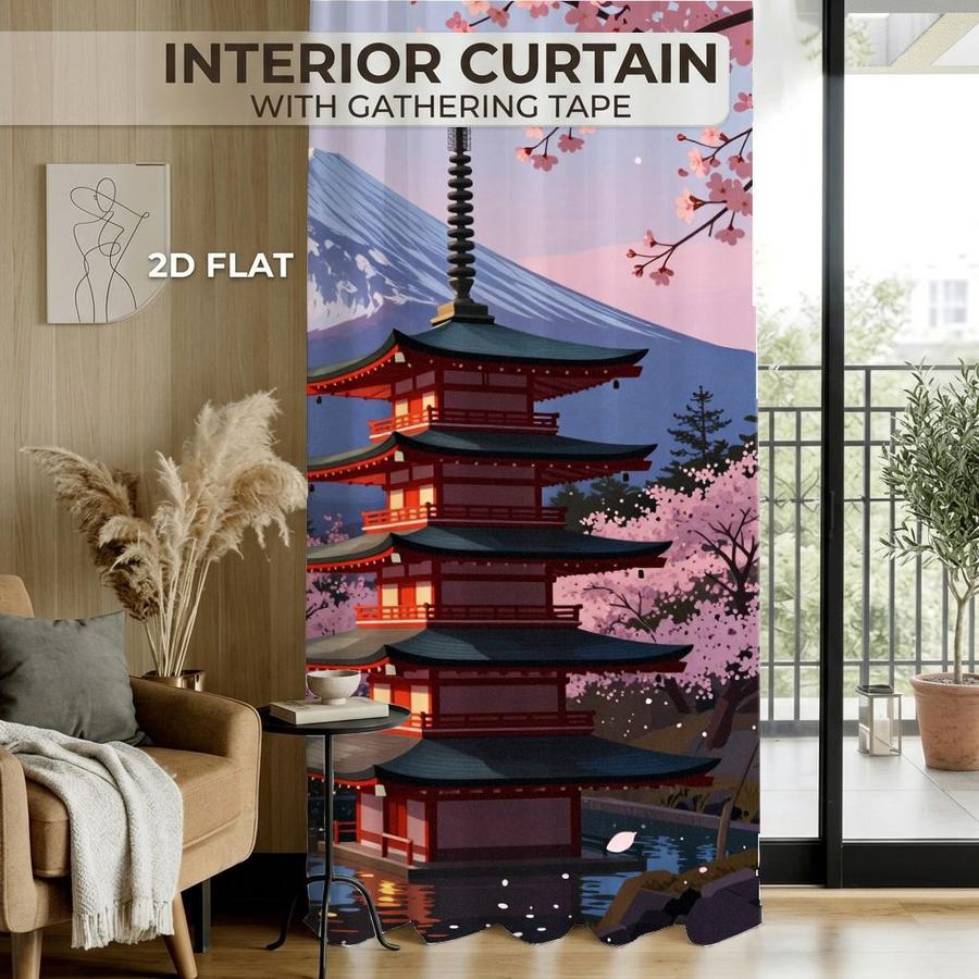 2Pcs Japanese Style Pagoda Mount Fuji Cherry Blossom Landscape Sun Blocking Curtains Digital Printed Rod Pocket, Window Treatment For Bedroom Office Kitchen Living Room Study Home Decor