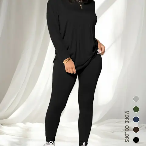 Women's Solid Drop Shoulder Tee & Elastic Waist Skinny Pants Two-piece Set, Basic Casual Fashion Cozy Everyday Round Neck Long Sleeve T-shirt & Trousers for Daily Outdoor Wear, Women's Clothing for Spring & Fall, Fit, Casual Pantsuit