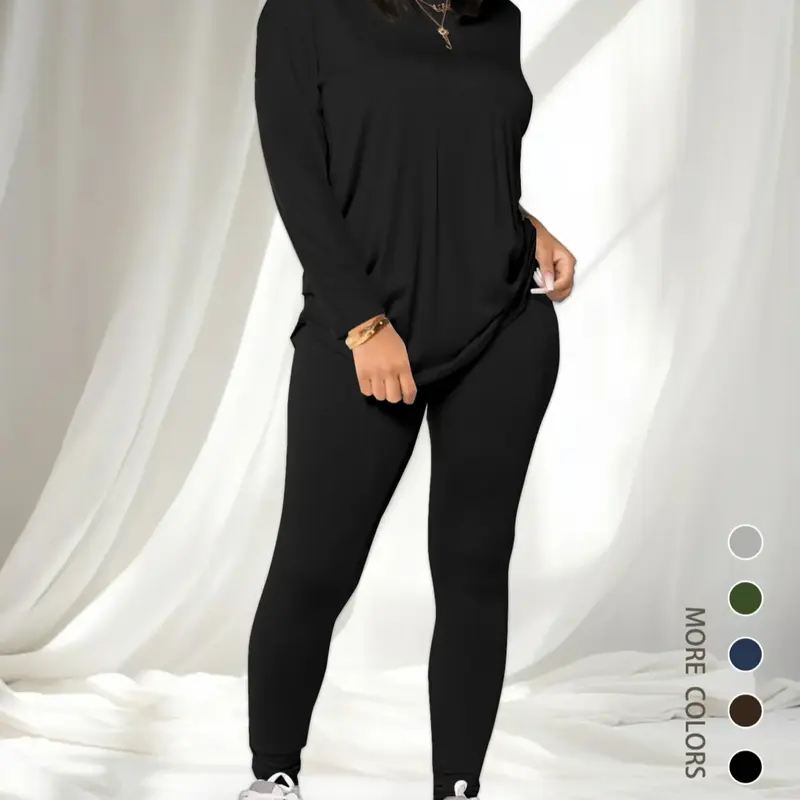 Women's Solid Drop Shoulder Tee & Elastic Waist Skinny Pants Two-piece Set, Basic Casual Fashion Cozy Everyday Round Neck Long Sleeve T-shirt & Trousers for Daily Outdoor Wear, Women's Clothing for Spring & Fall, Fit, Casual Pantsuit