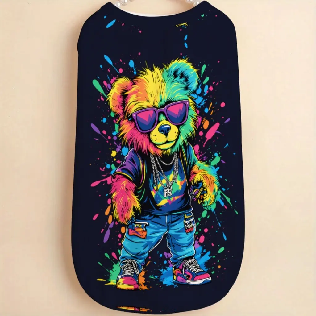 1pc All-Season Small Pet Clothes, Colorful Hand-Painted Bear Print, Soft Breathable Lightweight, Cute Pet Short Sleeve T-Shirt, Puppy Clothes