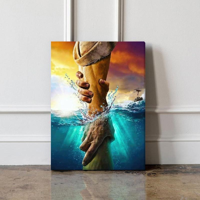 1 Count Framed Jesus Christ Canvas Wall Art The Hand of God Jesus Reaching Into Water Christian Painting Prints Biblical Wall Decor Religious Room Decor for Church Prayer Room Schools Hospitals 16x24inch